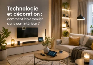 Espace lumineux mêlant plantes et surfaces en bois près d’un écran discret intégré