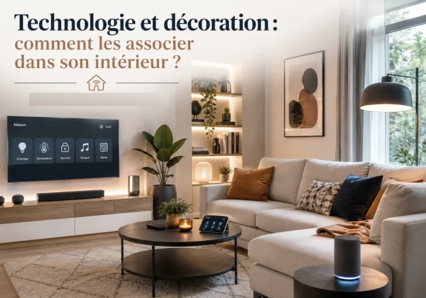 Technologie et décoration : comment les associer dans son intérieur ? 3 Salon lumineux mêlant mobilier en bois, plantes vertes et dispositifs technologiques discrets.