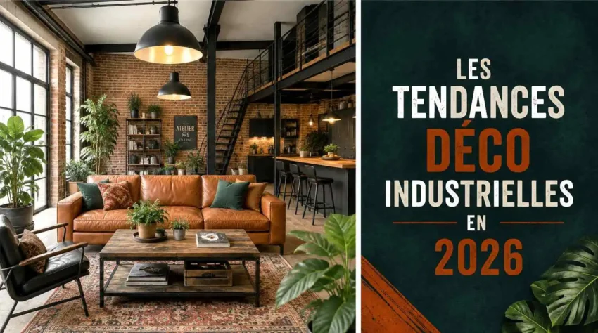 Cover illustrant les tendances de la décoration industrielle en 2026 avec un style loft moderne et contemporain
