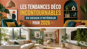 Salon lumineux avec décoration contemporaine, couleurs naturelles, plantes vertes, mobilier design et grandes ouvertures sur le jardin