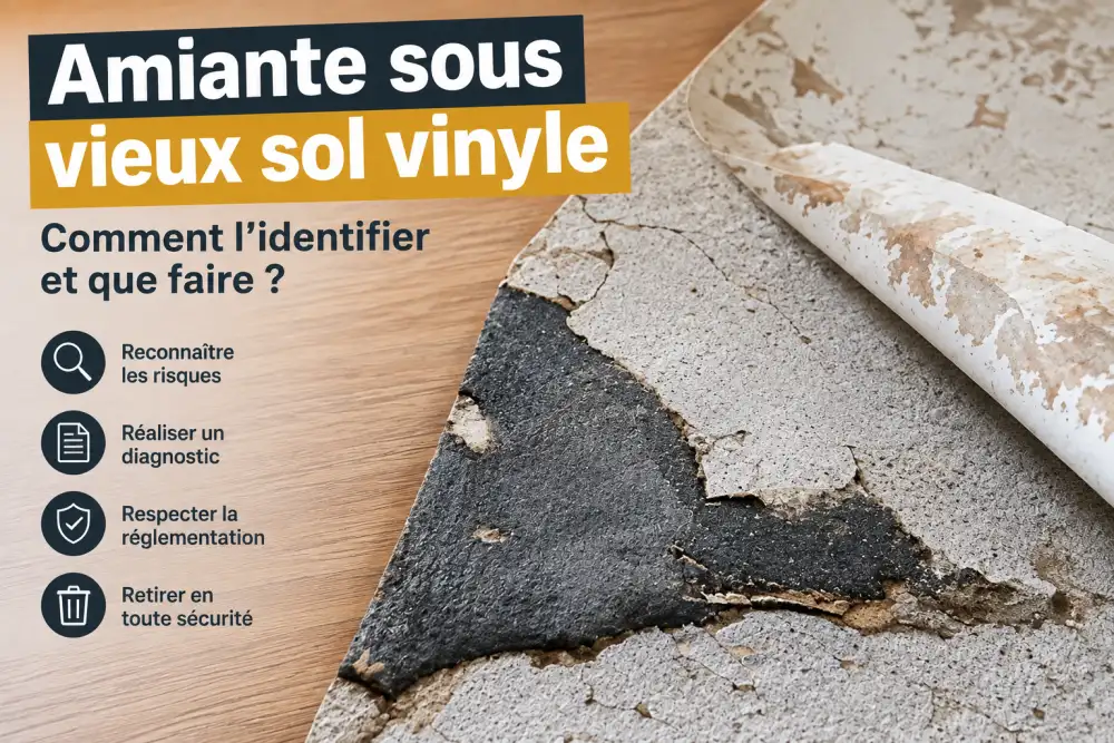 Gros plan montrant un sol en bois à gauche et un vinyle décollé à droite, avec un bandeau textuel annonçant l’amiante.