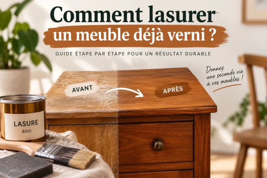 Comment lasurer un meuble déjà verni ? 2 meuble en bois verni divisé AVANT/APRÈS avec flèche; pot de lasure et pinceau au premier plan