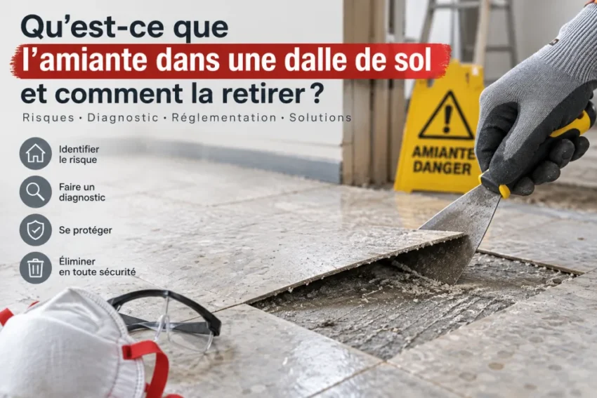 Amiante dans une dalle de sol : comment la reconnaître et que faire ? 4 Main gantée utilisant une truelle sur une dalle partiellement ouverte, près d’un panneau jaune AMIANTE DANGER et d’équipement de sécurité au sol