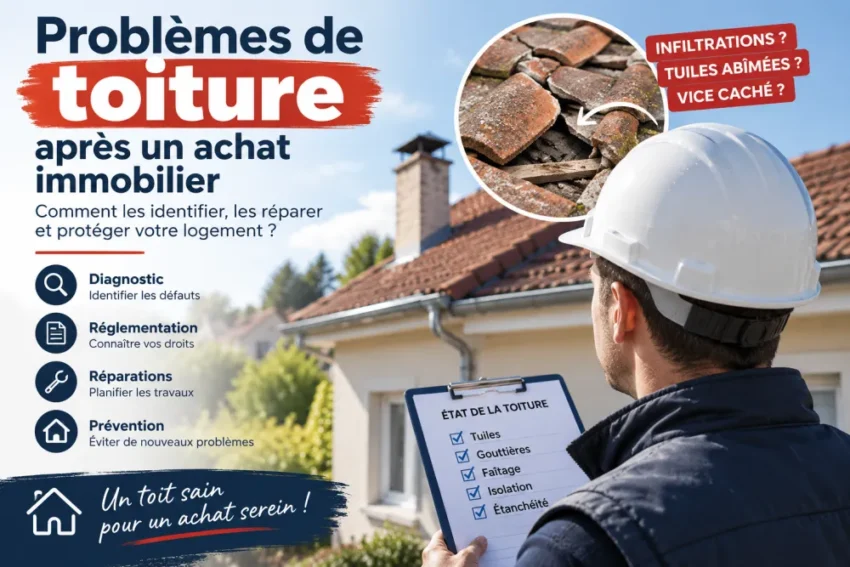 Problème de toiture après achat immobilier : que faire pour réagir sans se tromper ? 3 un homme portant casque blanc tient classeur et observe toiture avec liste controle et vignette montrant tuiles abimees