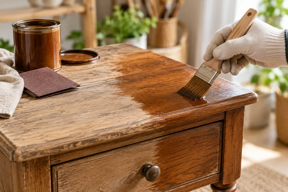 main gantée tenant un pinceau applique une lasure brun rouge sur un meuble en bois, pot à gauche