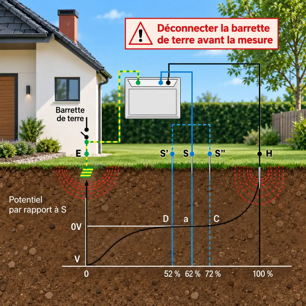 image schema montrant une maison avec barrette de terre, fils bleus et vert-jaune et diagramme souterrain