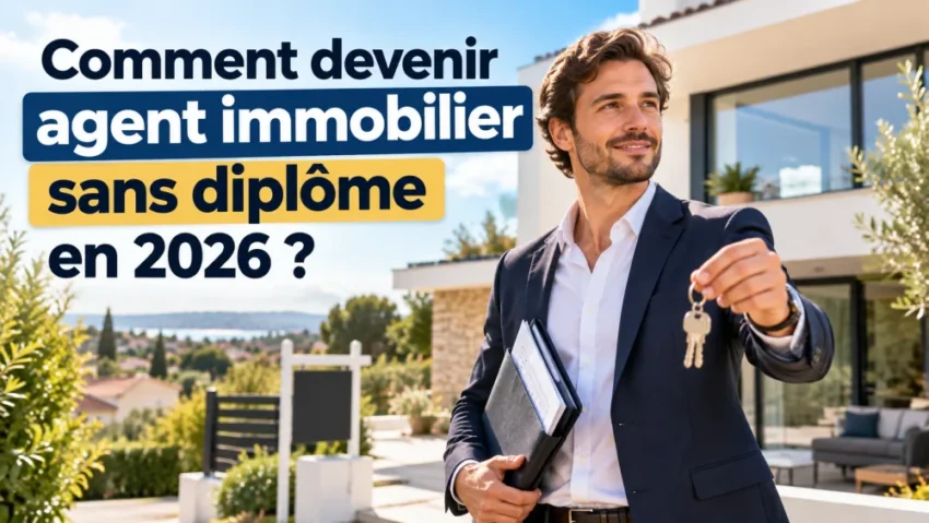 Comment devenir agent immobilier sans diplôme en 2026 ? 1 un homme en costume bleu souriant tient des cles et un classeur devant une maison moderne a grandes baies vitrees et un jardin