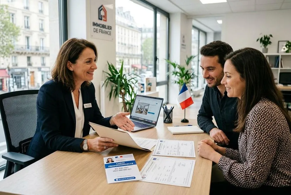 Trois personnes autour d'un bureau en bois: un drapeau français sur le bureau et des fenêtres lumineuses à l'arrière-plan.