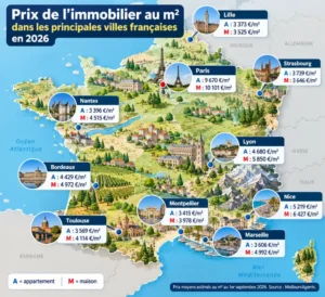 Carte illustrant la France métropolitaine avec des bulles indiquant les prix au mètre carré des appartements et des maisons dans plusieurs villes.
