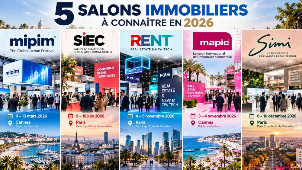 cinq panneaux d exposition verticaux alignes affichant mipim siec rent mapic et simi, avec une grande banniere en haut et des visiteurs au pied