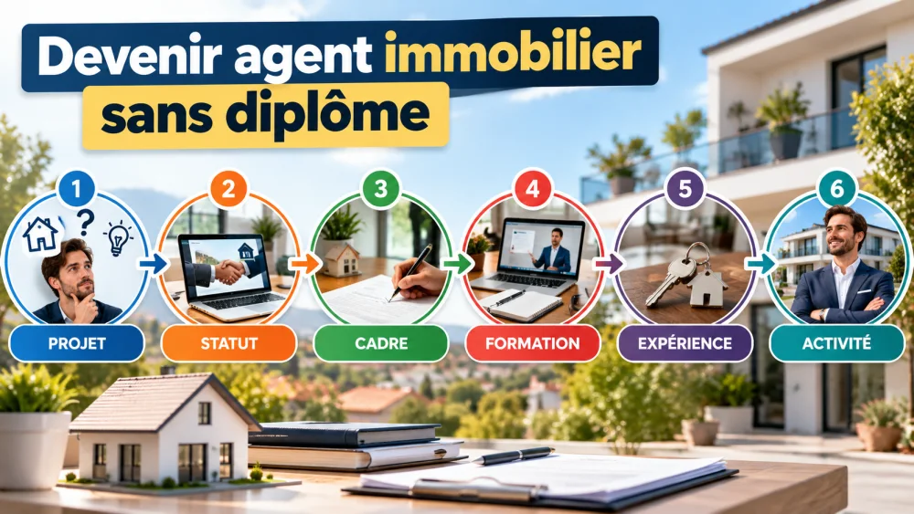 banniere publicitaire coloree avec six cercles numerotes et fleches, texte devenir agent immobilier sans diplome, arriere-plan maison contemporaine et bureau