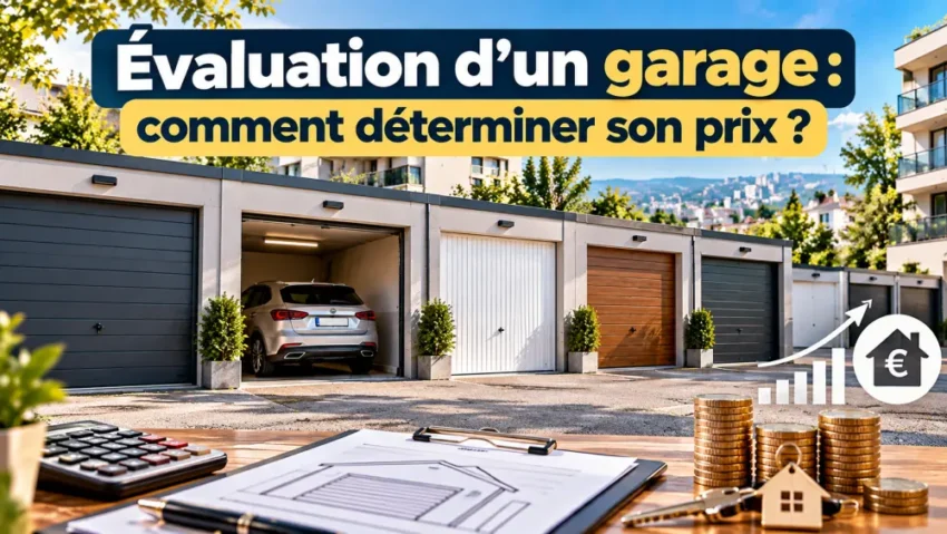 Évaluation d'un garage : comment déterminer son prix ? 5 Vue frontale d'une rangée de garages modernes, premier garage ouvert avec voiture blanche; premier plan montre bureau, documents, calculatrice et pièces