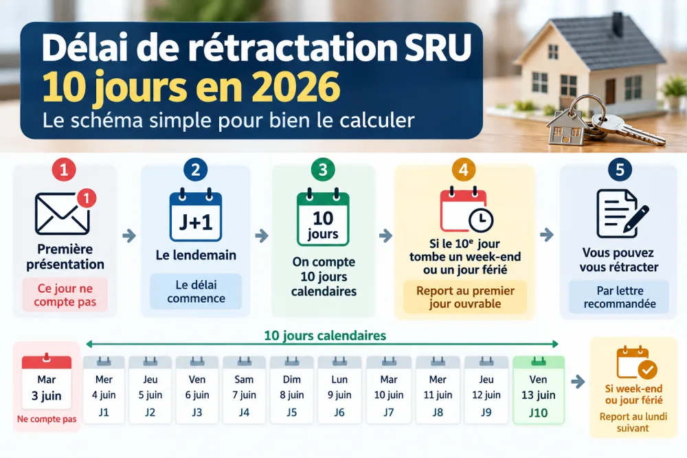 Infographie colorée montrant les étapes du délai SRU: présentation, lendemain, 10 jours, jour ouvrable, et rétractation par courrier.