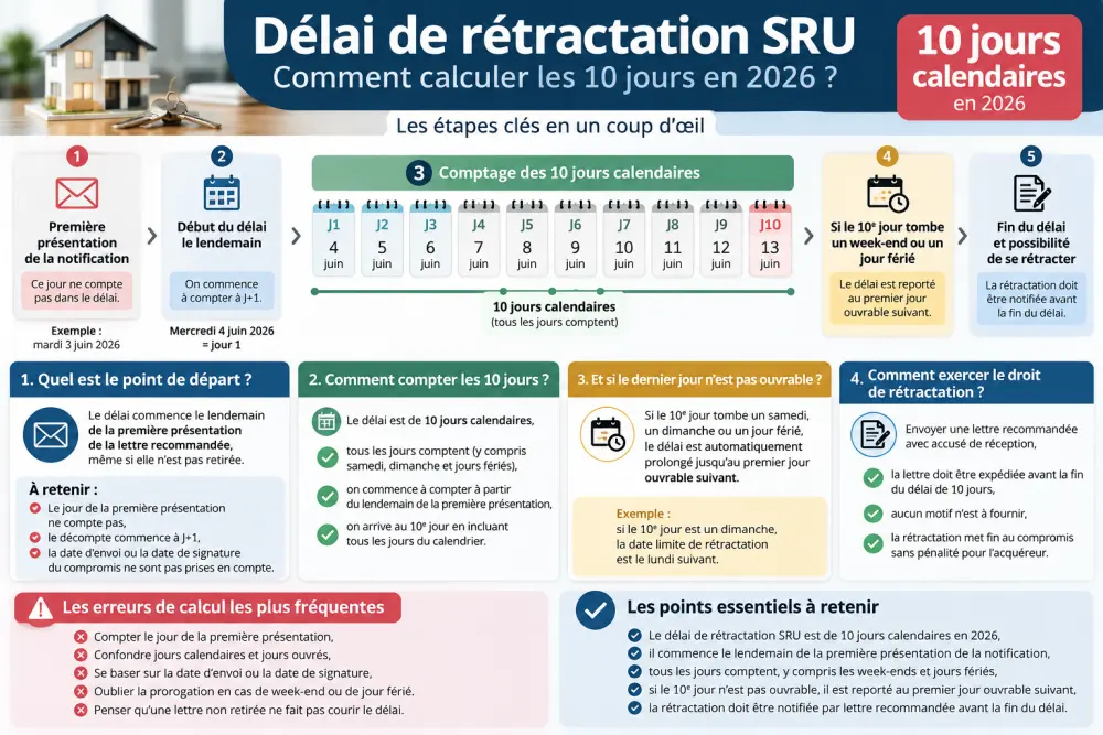 maison miniature en bois et trousseau de clés posés sur une table, avec en arrière-plan une infographie bleue sur le delai de retractation SRU