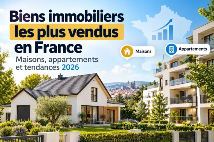 Biens immobiliers les plus vendus en France : maisons, appartements et tendances 2026 1 Vue d'ensemble d'une maison individuelle moderne à gauche et d'un immeuble d'appartements à droite, jardin et ciel bleu.