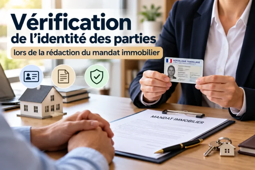Vérification de l’identité des parties lors de la rédaction du mandat immobilier 2 personne en veste sombre tient une carte d identite francaise, mandat immobilier sur le bureau et maison miniature
