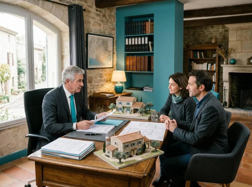 trois personnes en reunion autour d une table en bois, maquette de maison au centre et etagères turquoise a l arriere