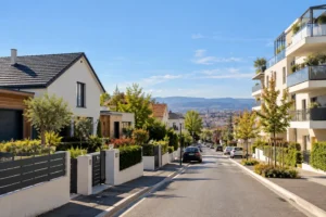 Vue d'une rue résidentielle: maisons modernes à gauche, immeuble d'appartements à droite, voitures sur la chaussée, arbres et ciel bleu.